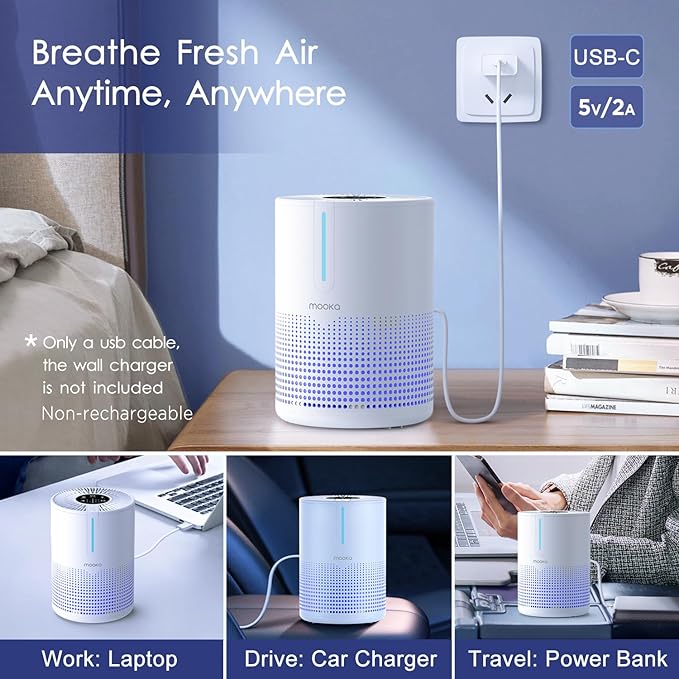 Air Purifiers for Bedroom Home 430 Sq.Ft, MOOKA H13 HEPA Filter Small Portable Air Purifier with USB Cable Fragrance Sponge for Smokers Pollen Pets Dust Odors, Desktop Air Cleaner for Car RV, M01
