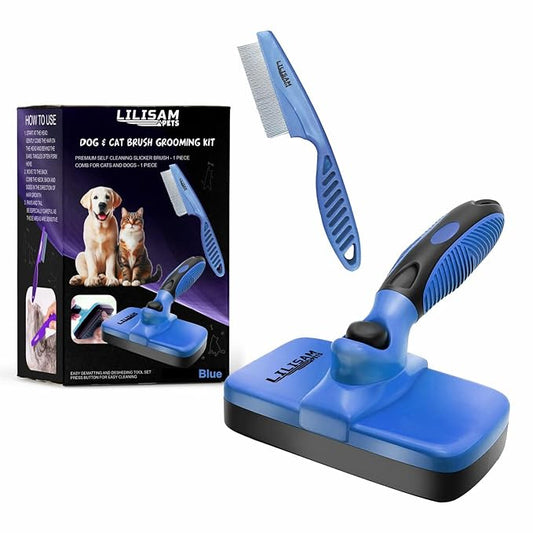 Pet Self Cleaning Slicker Brush and Grooming Comb - Gently Removes Loose Hair, Tangles, and Dirt - Skin Friendly Deshedding Grooming Tool for Hair Dogs & Cats - Pet Supplies Accessories (Blue)