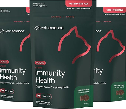 VetriScience Lysine Immunity Health Chews, 250 mg Lysine Plus Immune Supplement for Cats and Kittens with Allergies, Sneezing, Runny Nose and Watery Eyes, Chicken, 3 Pack