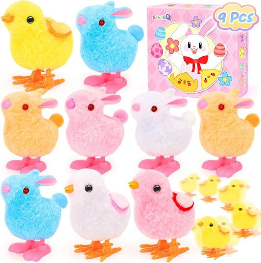 SevenQ Wind Up Toys for Kids Easter Basket Stuffers, 9Pcs Hopping Bunny Toys and Plush Chicks Jumping Small Fidget Toys for Easter Egg Fillers Goodie Bags Treasure Chest Party Favors Gifts
