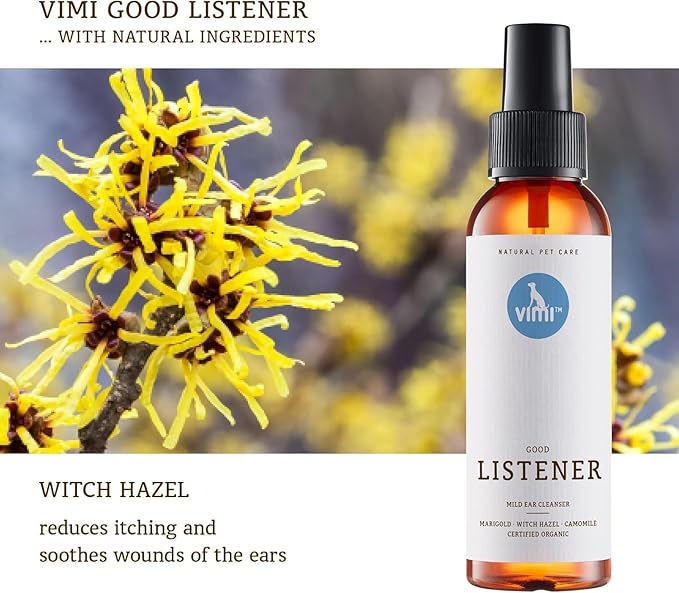 animaux vimi Ear Cleaner Good Listener - Ear Cleaner Spray for Sensitive Dog Ears - Ear Care with Camomile, Calendula & Witch Hazel - for Thorough & mild Cleaning - 3.38 Fl Oz
