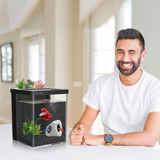 Betta Fish Tank,Aquarium kit 1.5 Gallon Fish Tank,with Filter LED Light, Water Pump, Decorate Water Plants and Sand, Aquarium Starter Kits, Fish Bowl