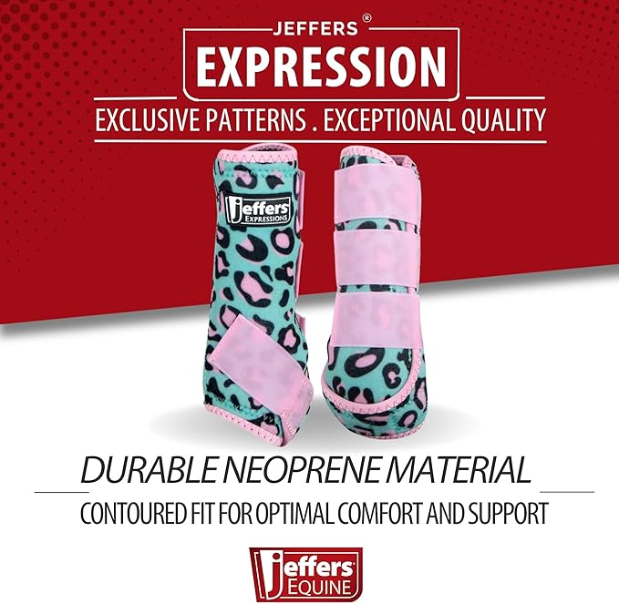 Jeffers Expression Protective Horse Boots 1 Pair, Party Cheetah, Large - Safe Neoprene Leg Guards, Comfortable Fit, Durable Strap Closures, Front & Hind Support, Accessories for Travel & Riding