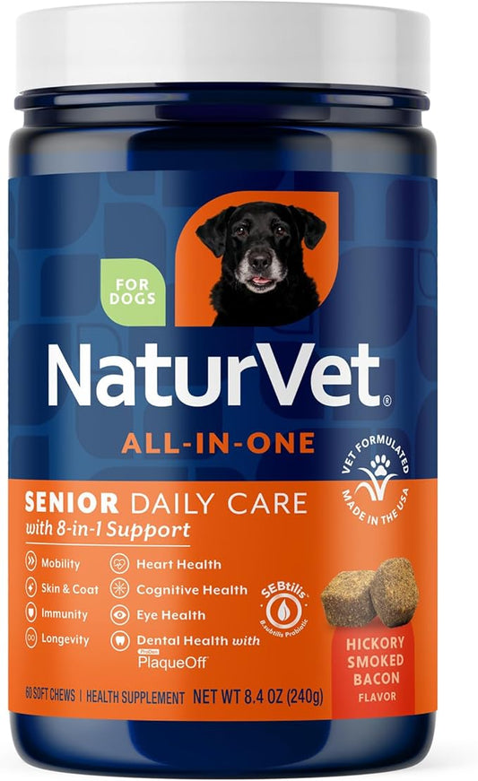NaturVet All-in-One Senior Dog Daily Care Supplement, 8-in-1 Support Dog Soft Chews for Mobility, Skin, Heart, Teeth, Cognition, Eyes, Hickory Smoked Bacon Flavored Pet Supplement for Dogs, 60 Count