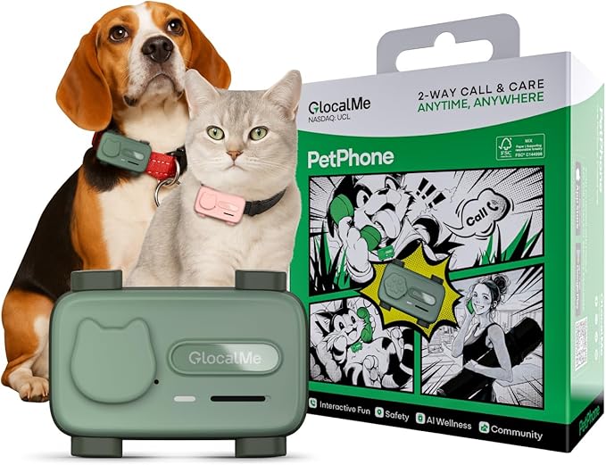 GlocalMe PetPhone for Dog and Cat, Support Play Music and Two-Way Call, Pet Community and AI Health Alerts, Real Time Tracking and Virtual Fence, Unlimited Range Pet GPS Tracker (Green)