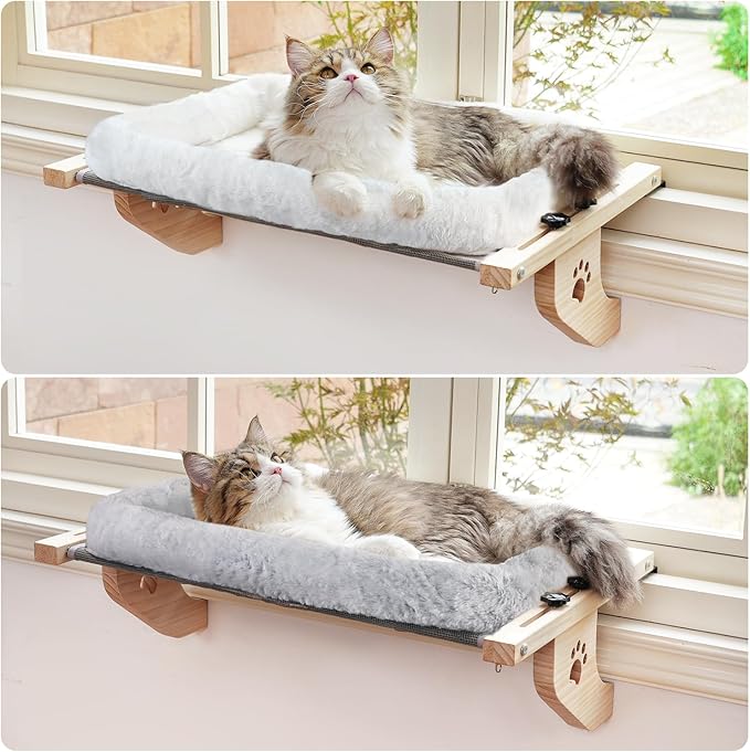 AMOSIJOY Cat Sill Window Perch Sturdy Hammock Window Seat with Cushion Cover, Wood & Metal Frame for Large Cats, Easy to Adjust Cat Bed for Windowsill, Bedside, Drawer and Cabinet (XL)