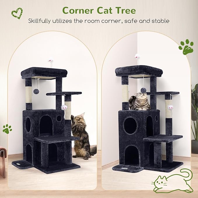 Globlazer Cat Tree Tower for Indoor Cats, 50-inch Adult Cat Tree House for Large Adult Cats with Steps, Scratching Post, 2 Cat Caves, Dangling Toys, FC50, Dark Grey