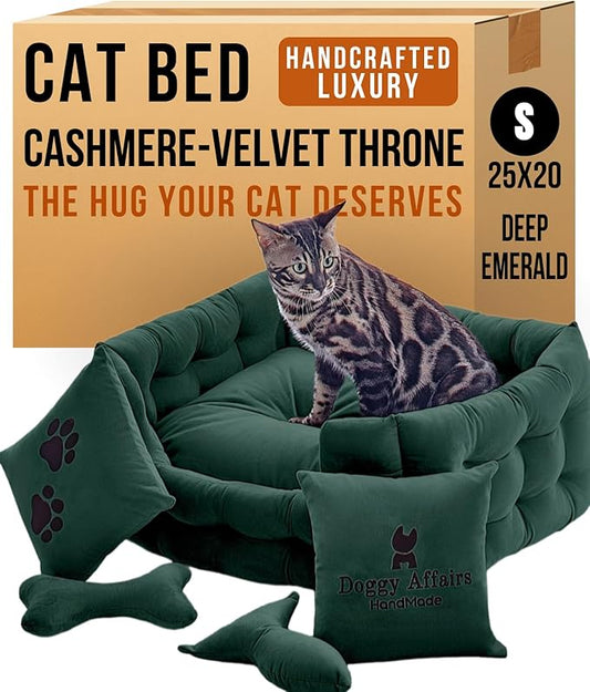 Luxury Cat and Dog Bed Chesterfield – Handcrafted Velvet Throne for Dogs | Joint Support, Calming & Temp-Regulating Comfort | Durable 5+ Years, Anti-Claw, Washable 100+ Times – S, Green