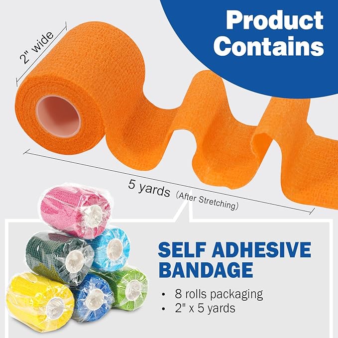 AZEN 8 Pack Self Adhesive Bandage Wrap, 2" X 5 Yards Elastic Cohesive Bandage Wrap, Color Athletic Tape, Vet Wrap, Ankle Tape, Tattoo Grip Tape Wrap