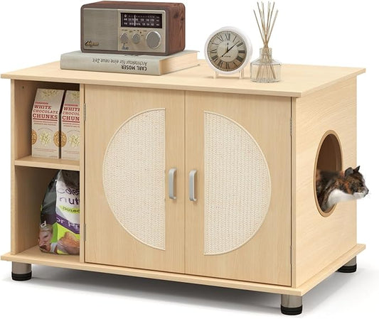 Tangkula Litter Box Enclosure, Hidden Cat Washroom with Storage Shelf, Sisal Scratching Doors, Adjustable Metal Feet, Modern Cat Litter Cabinet Storage Bench, Enclosed Litter Box Furniture (Natural)