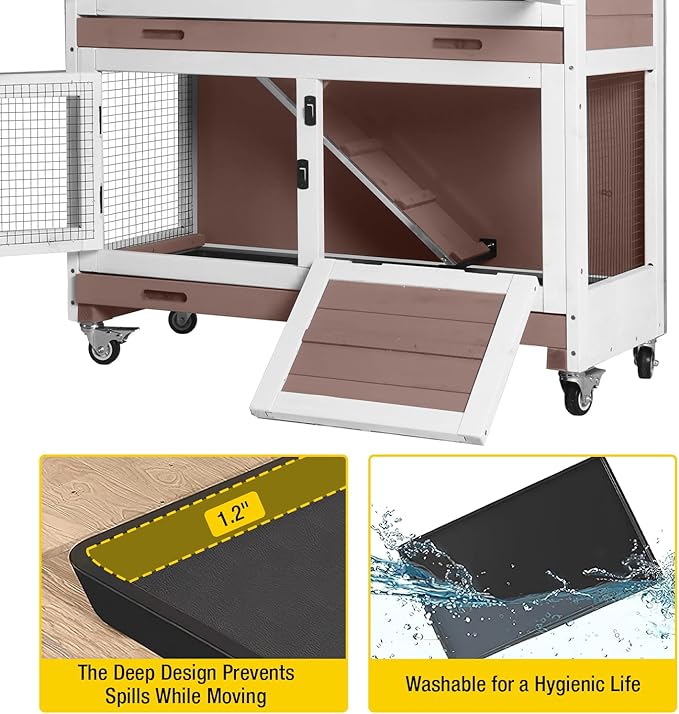 AIVITUVIN Wooden Rabbit Hutch Indoor Outdoor Rabbit Cage with Two Removable Trays Bunny Cage on Wheels Pet House Guinea Pig Cage 2 Story (Brown)