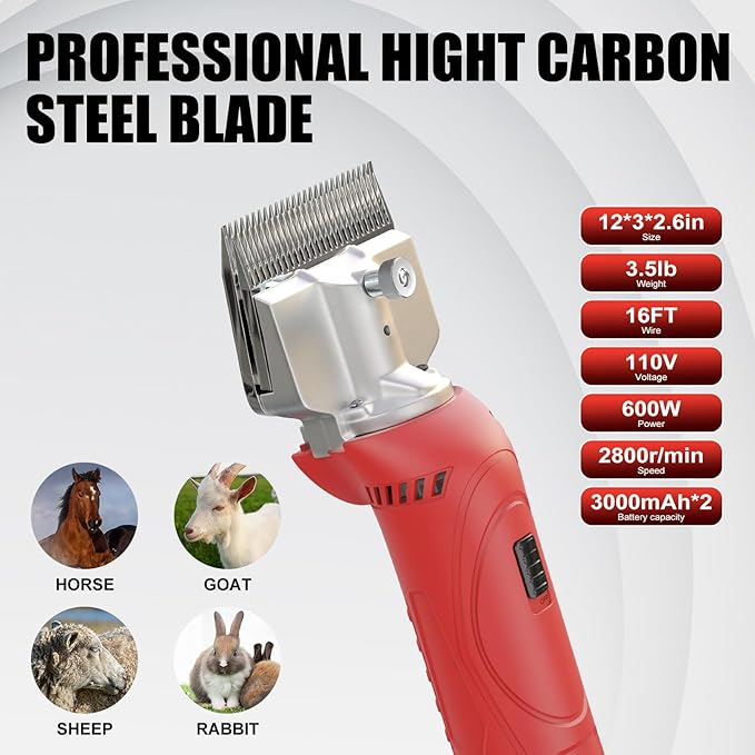 Cordless Horse Clippers,500W Heavy Duty Horse Grooming Clippers with 2 PCS Rechargeable 3000mAH Lithium Battery,6 Speed Professional Horse Grooming Kit for Thick Coat Animals