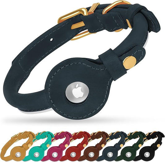 OOPSDOGGY Rolled Leather Dog Collar with Airtag Holder - Reflective Round Airtag Dog Collar - Soft Tracking Pet Collar for Small Dogs Puppy Cats Kitten (Denim, XS, 8"-11")
