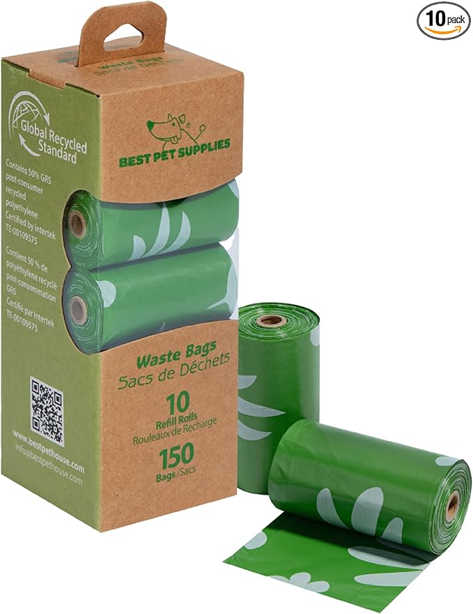 Best Pet Supplies Poop Bags for Dogs, 50% Post-Consumer Recycled Content dog waste bags on rolls, fits all poop bag holders for leashes - 150 Count, Green, Unscented