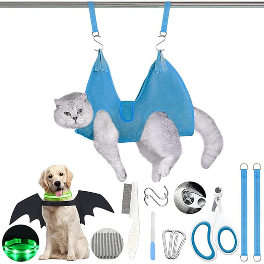 JIURUN Cat Grooming Hammock for Nail Trimming, Pet Grooming Hammock(XS),Trimmer, Nail File, Pet Comb，for Cats Dogs LED Collar Light Rechargeable and Bat Costume Wings