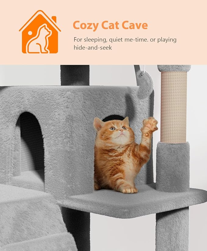 60'' Cat tree Tower for Indoor Cats Large Adult,Cute/Tall Modern Cat Tree for Big Cats 20 lbs,Plush Multi-Level Cat Condo with Scratching Posts,Dangling Ball for fun play(Light Gray, 60 inch)