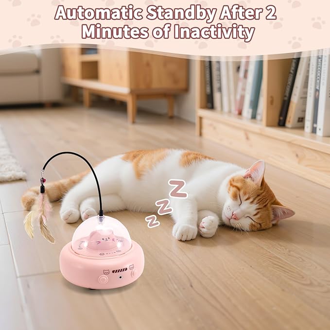 Automatic Cat Toys with Feathers, Interactive Cat Toy for Indoor Exercise, Rechargeable Teasing Toys for Indoor Cats, USB Powered, Smart Standby&Obstacle Avoidance(Pink)