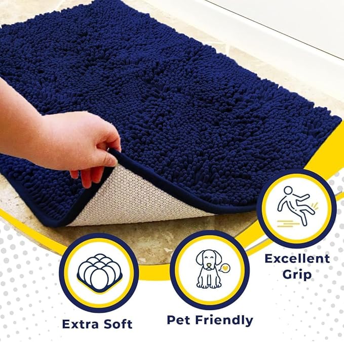 Muddy Mat® Pack of 3 Highly Absorbent Microfiber Dog Door Mat and Pet Rug, Non Slip Thick Washable Area Mat Soft Chenille for Kitchen Bathroom Bedroom and Outdoor - Navy Blue Small, Medium & Large
