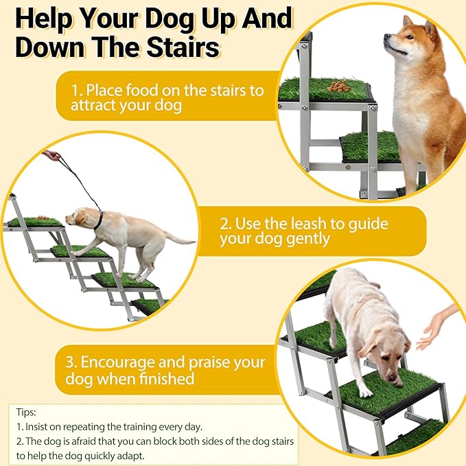 Extra Wide Dog Stairs for Car, Portable Folding Dog Ramps,Doggy Steps for Large Dogs with Non-Slip Grass Rug for Cars, SUV, Trucks, Lightweight Pet Ramp Supports Up to 200 lb, 6 Steps