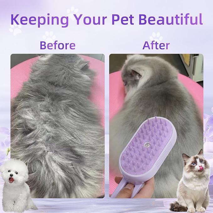 4-in-1 Rechargeable Anti-Dandruff Pet Steam Brush — brush for sheddingCats & Dogs,pet hair removal tool. Integrating functions of massage,clean, hair grooming and anti-static (purple)