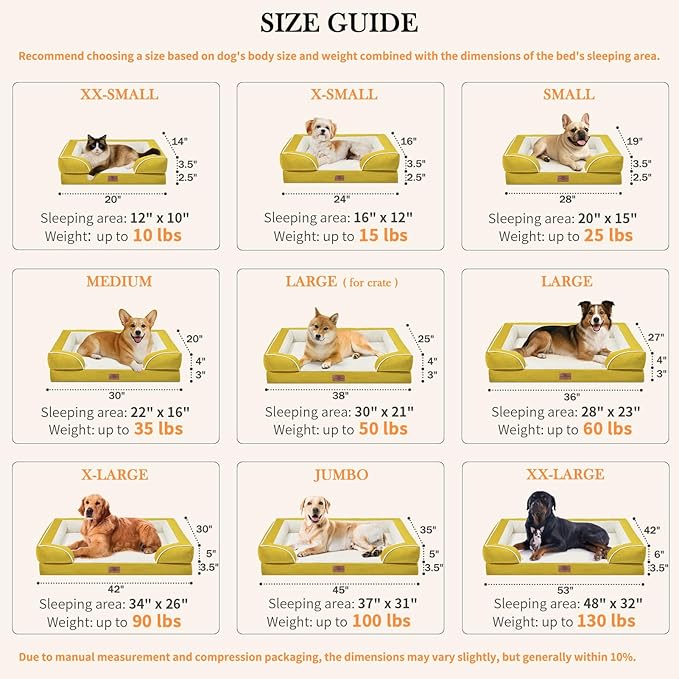 Comfort Expression Waterproof Dog Beds Large Sized Dogs, Large Dog Beds Orthopedic Foam, Comfy Pet Bed Sofa with Washable Removable Cover & Non-Slip Bottom(Spicy Mustard)