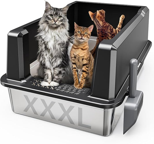 Tripamin XXL Stainless Steel Litter Box with High Sides 26"x18"x12" Extra Large Metal Litter Box for Big Cats & Multiple cat, Jumbo Top Entry Litter Pan with lid (Black, XX-Large)