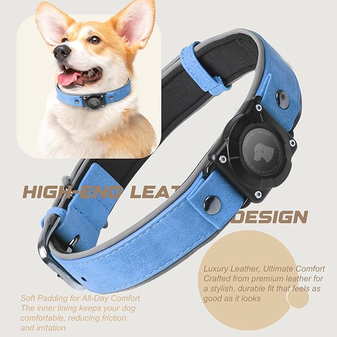 AirTag Dog Collar - Leather Dog Collar with Air Tag Holder | IPX8 Waterproof, Reflective, High - End, Adjustable Soft Padded | Dog GPS Tracker Collars Fit for Medium Large Dogs (Blue, M)