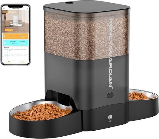 HoneyGuaridan Automatic Cat Feeder for Two Cats, 5G WiFi Smart Feed Pet Feeder with Stainless Steel Bowl,APP Control Dispenser, Dual Power Supply,Desiccant Bag,10s Meal Call Black