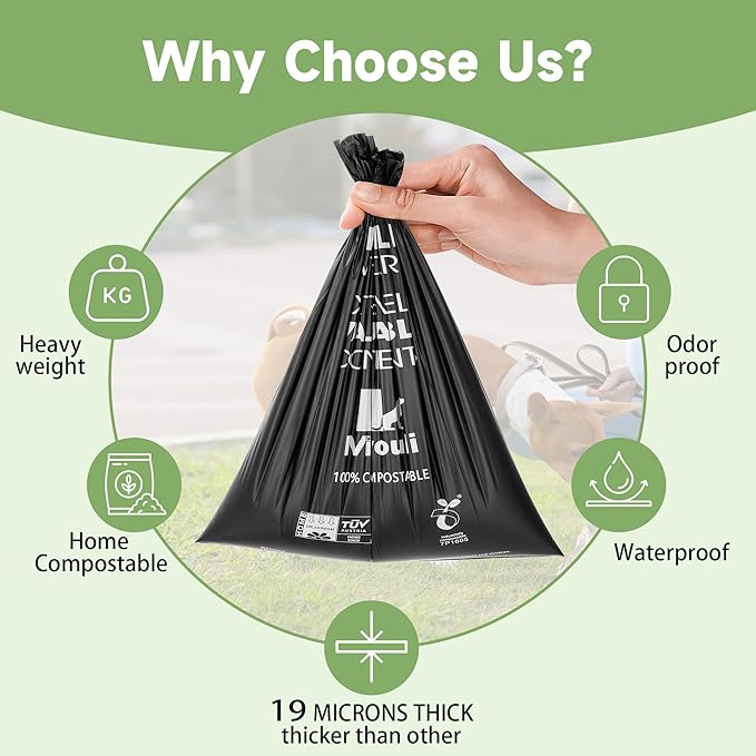 Certified Compostable Poop Bags for Dogs, 240 Poop Bags (16 Rolls),Landfill Friendly, Leak Proof Unscented Easy Open Poop Waste Bag（Black）