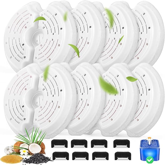 Cat Water Fountain Filters for 84oz/2.5L Stainless Steel Pet Fountain and 67oz/2.0L Plastic Cat Drinking Fountain, 8 Pack Pet Replacement Filters with 8 Pre-Filter Sponges