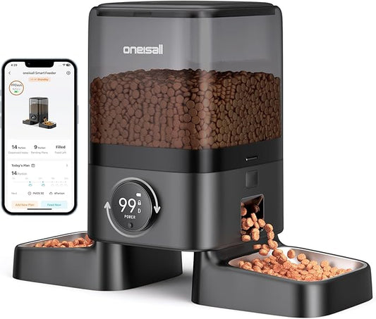 oneisall Wireless WiFi Automatic Cat Feeders 2 Cat, Rechargeable 100-Day Battery Operated Timed Cats Feeder, 20 Cups/5L Cats Food Dispenser Automatic for Large Kibble, Smart App Control.