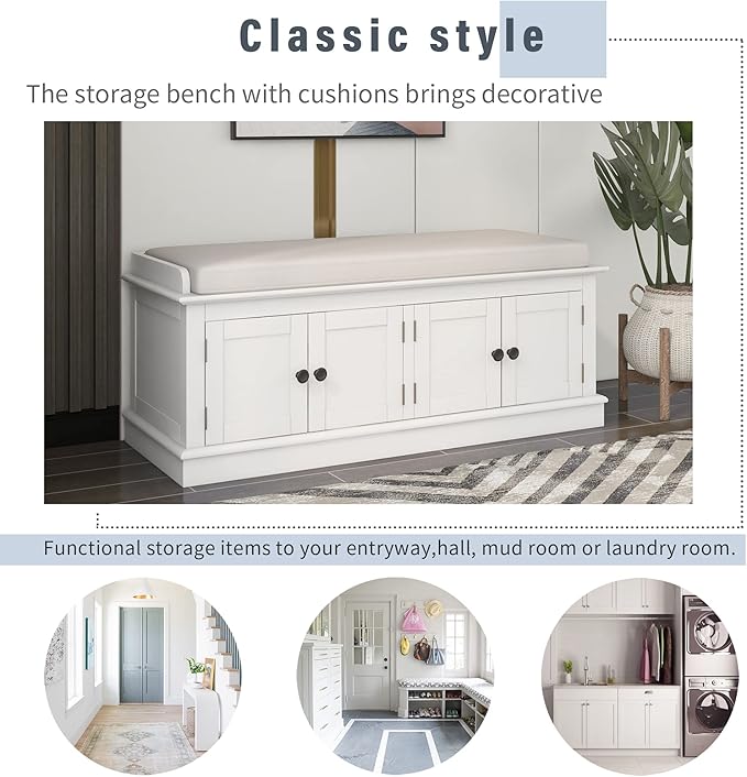 Storage Bench with 4 Doors and Adjustable Shelves, Shoe Bench with Removable Cushion for Living Room, Entryway 42.7" L x 16" W x 17.4" H (White)