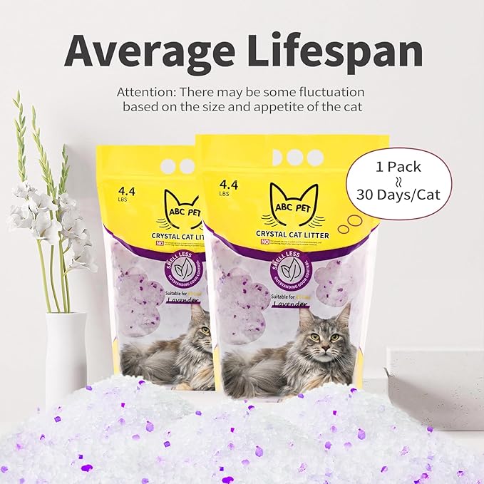 Cat Litter Crystals No Clumping Odor Control Kitty Litter Non-Clumping No scooping Low Dust, Low Tracking, Dehydrates Waste Lavender - 8.6 lbs (2 x 4.3 lb Packs)