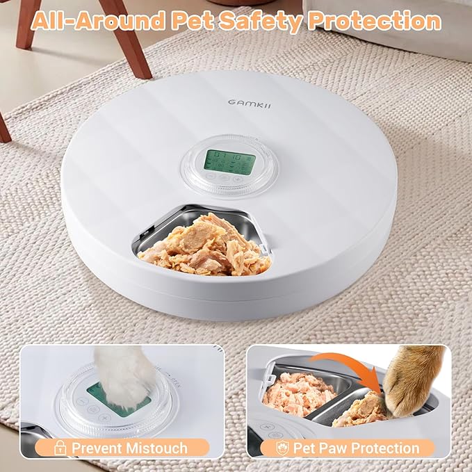 Automatic Cat Feeder Wet Food, Battery Operated Auto Feeder with 2 Ice Packs, Digital Cordless Pet Fresh Food Bowl with Timer and Memory Function for Cats Small Dogs (6-Meal Stainless Steel)