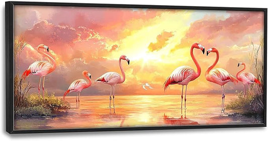 Large Flamingo Wall Art for Living Room, Framed Oversized Sunset Lake Wall Decor Landscape Canvas Painting Pictures Modern Artwork for Living Room Bathroom Bedroom Office Dining Room 60"x30"