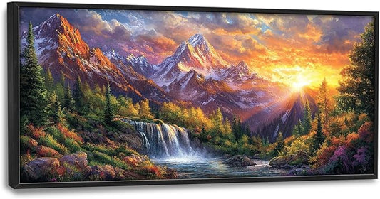 Large Mountain Tree Wall Art for Living Room, Framed Oversized Sunset Waterfall Wall Decor Nature Landscape Canvas Painting Modern Artwork for Living Room Bathroom Bedroom Office Dining Room 60"x30"