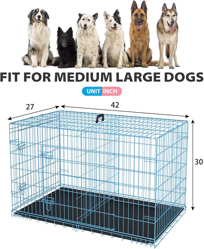BestPet | Dog Crate | 42" | Blue | Foldable Metal Kennel with Double Doors, Secure Slide-Bolt Latches, Leakproof Tray | Portable Dog Cage for Large Breeds | for Travel, Indoor & Outdoor Use
