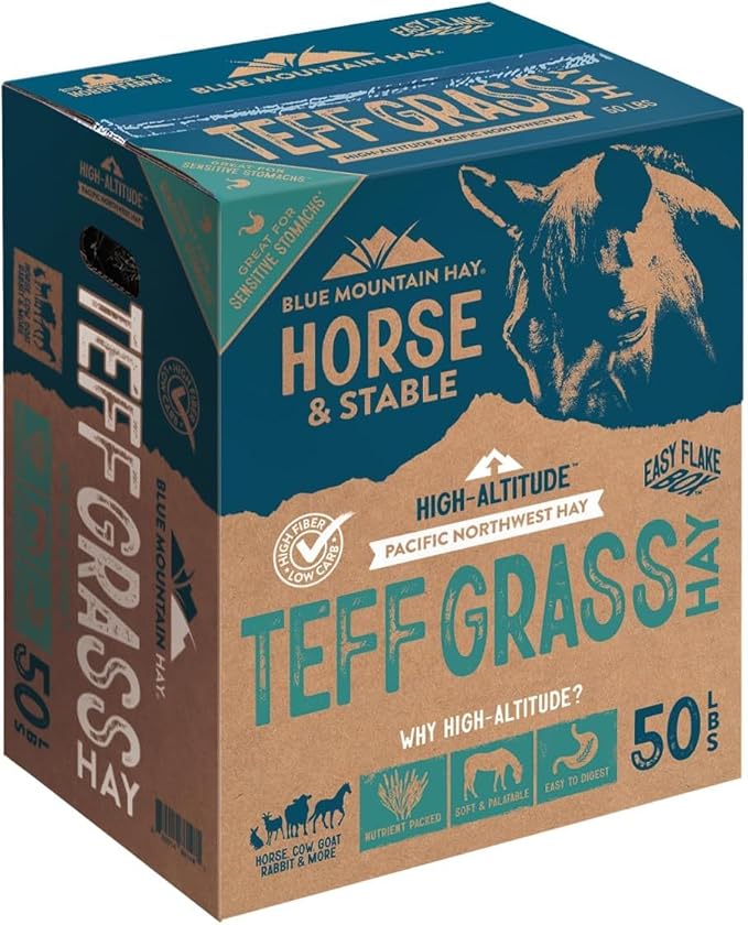 Blue Mountain Hay High-Altitude Teff Grass Hay, 50lb Easy Flake Box - Low NSC & High Fiber for Easy Digestion and Weight Management - Ideal for Horses, Goats, Rabbits, Guinea Pigs & Other Small Pets