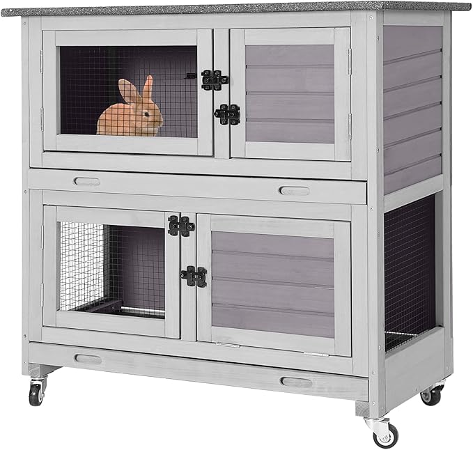 2 Story Rabbit Hutch Indoor Outdoor Rabbit Bunny House Guinea Pig Cage Wooden Pet House for Small Animals with 2 Large Rooms, Chewproof Ramp, Ventilation Door, Removable Trays (Grey)