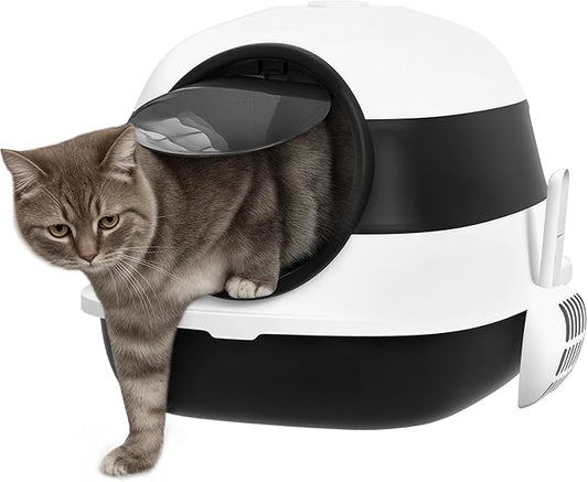 PawHut Cat Litter Box - Covered, High Sides, Air Freshener, Two-Way Entrance, Foldable, Easy Clean, White & Black