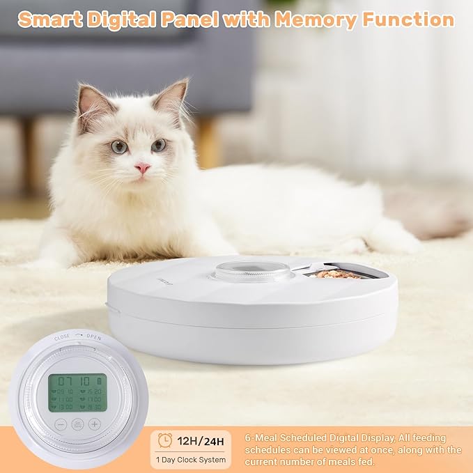 Automatic Cat Feeder Wet Food, Battery Operated Auto Feeder with 2 Ice Packs, Digital Cordless Pet Fresh Food Bowl with Timer and Memory Function for Cats Small Dogs (6-Meal Stainless Steel)