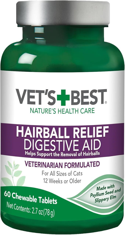 Vet’s Best Cat Hairball Relief Digestive Aid, Vet Formulated Hairball Support Remedy, Hairball Relief for Cats, Classic Chicken Flavor, 60 Chewable Tablets