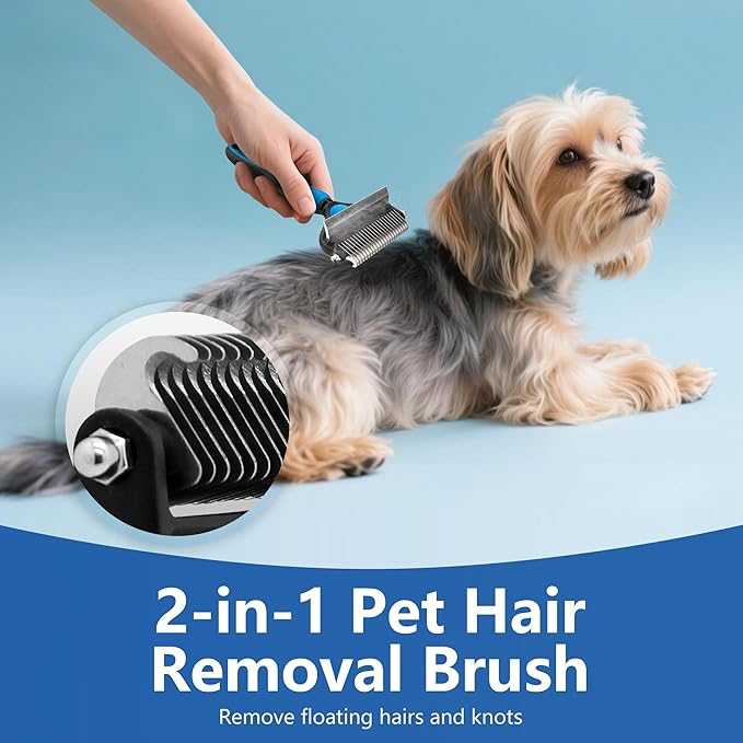 2-in-1 Shedding Brush and Detangling Comb Combo,Small Dog Stripping Brush, Dog and Cat Grooming Comb, 17 Stainless Steel Teeth Remove Tangled Hair, Pet Grooming Tools-Small