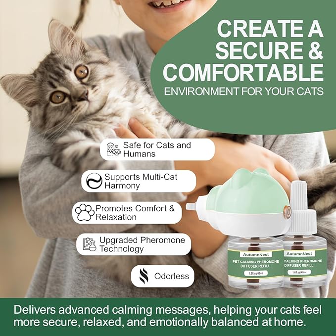 Cat Calming Diffuser Kit with 2 Plug-in & 4 Refills, Pheromone Diffuser for Cats Reducing Fighting, Scratching, Urine, Aggression, Anxiety, Fireworks, Vet Visits, Travel, 120 Day Supply, Safe Formula