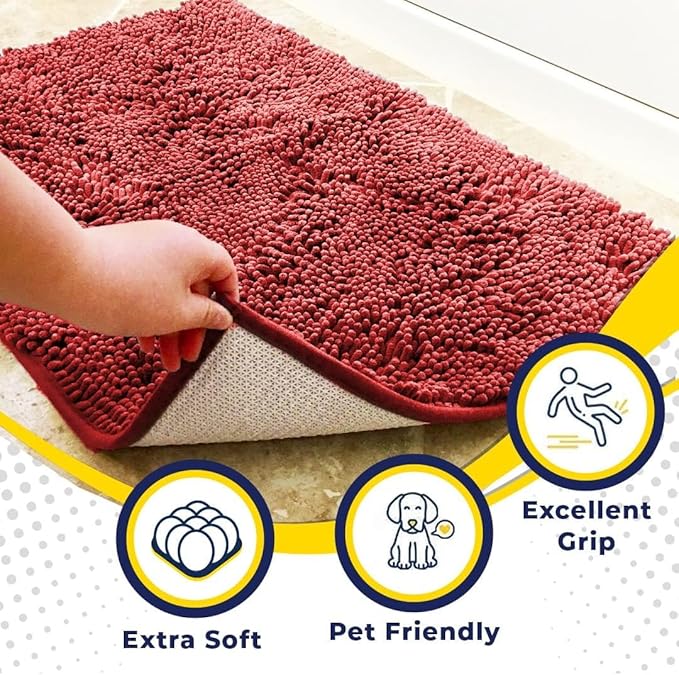 Muddy Mat® AS-SEEN-ON-TV Highly Absorbent Microfiber Door Mat and Pet Rug, Non Slip Thick Washable Area and Bath Mat Soft Chenille for Kitchen Bathroom Bedroom Indoor and Outdoor - Red 24" x 120"