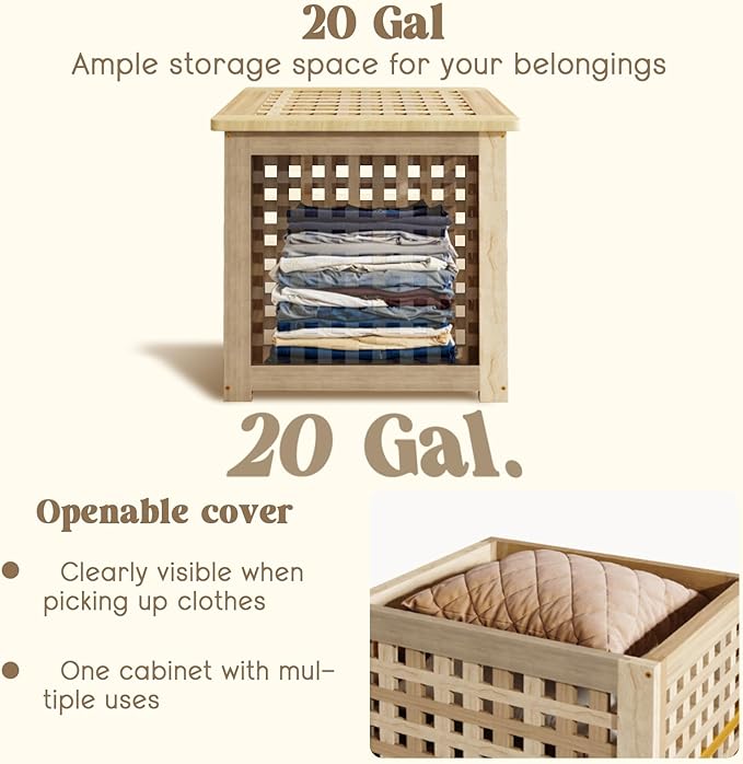 Bench with Storage, Acacia Laundry Hamper with Seat, Storage Benches with Seating for Entryway, Living Room, Bedroom, Bathroom (15.7x19.7x17.7in)