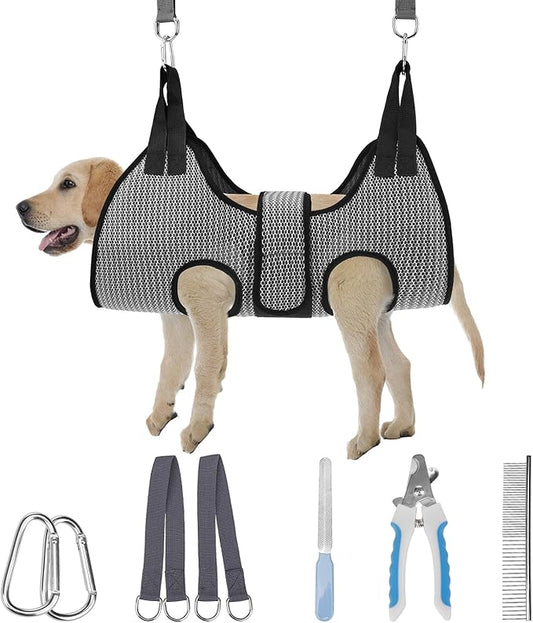 PAWCHIE Dog Grooming Hammock Harness for Dogs & Cats with Pet Nail Clipper Trimmer- Breathable Cat Hanger Sling for Trimming Clipping Nails-Dog Hammock Restraint Bag for Small Medium Large Dog, Grey M