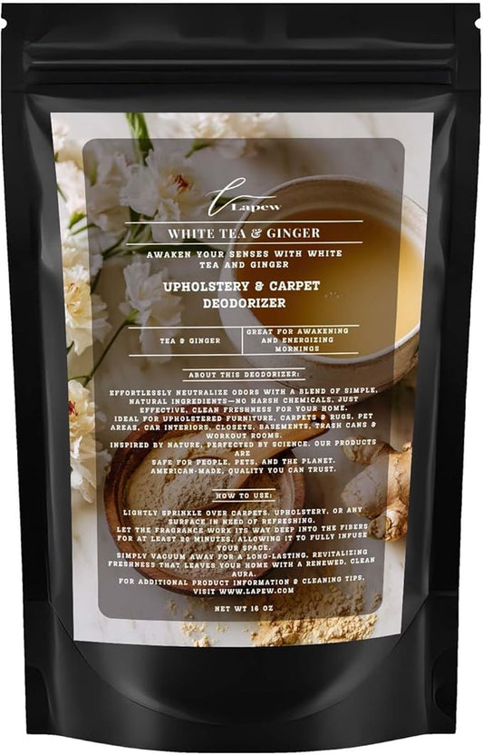 White Tea & Ginger Carpet Freshener Powder: Powerful Odor Eliminator for Home, Upholstery Deodorizer, Carpet Deodorizer, Pet Urine, Cat Litter Box - White Tea & Ginger Fragrance.