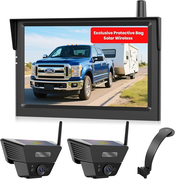AUTO-VOX Wireless Backup Camera Kit: 5" Monitor, Dual Solar 5A Cams, Bendable Mount – Dual View for RV, Horse/Boat Trailer, Cargo, Campsite & Safe Parking