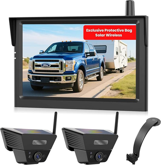 AUTO-VOX Wireless Backup Camera Kit: 5" Monitor, Dual Solar 5A Cams, Bendable Mount – Dual View for RV, Horse/Boat Trailer, Cargo, Campsite & Safe Parking